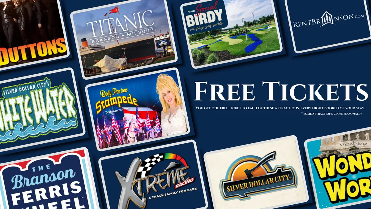 Bright, colorful attraction tickets and promotional logos for nearby family destinations like Silver Dollar City, the Branson Ferris Wheel, and Xtreme Racing. The overall mood is exciting and playful, suggesting easy access to local entertainment and adventure.